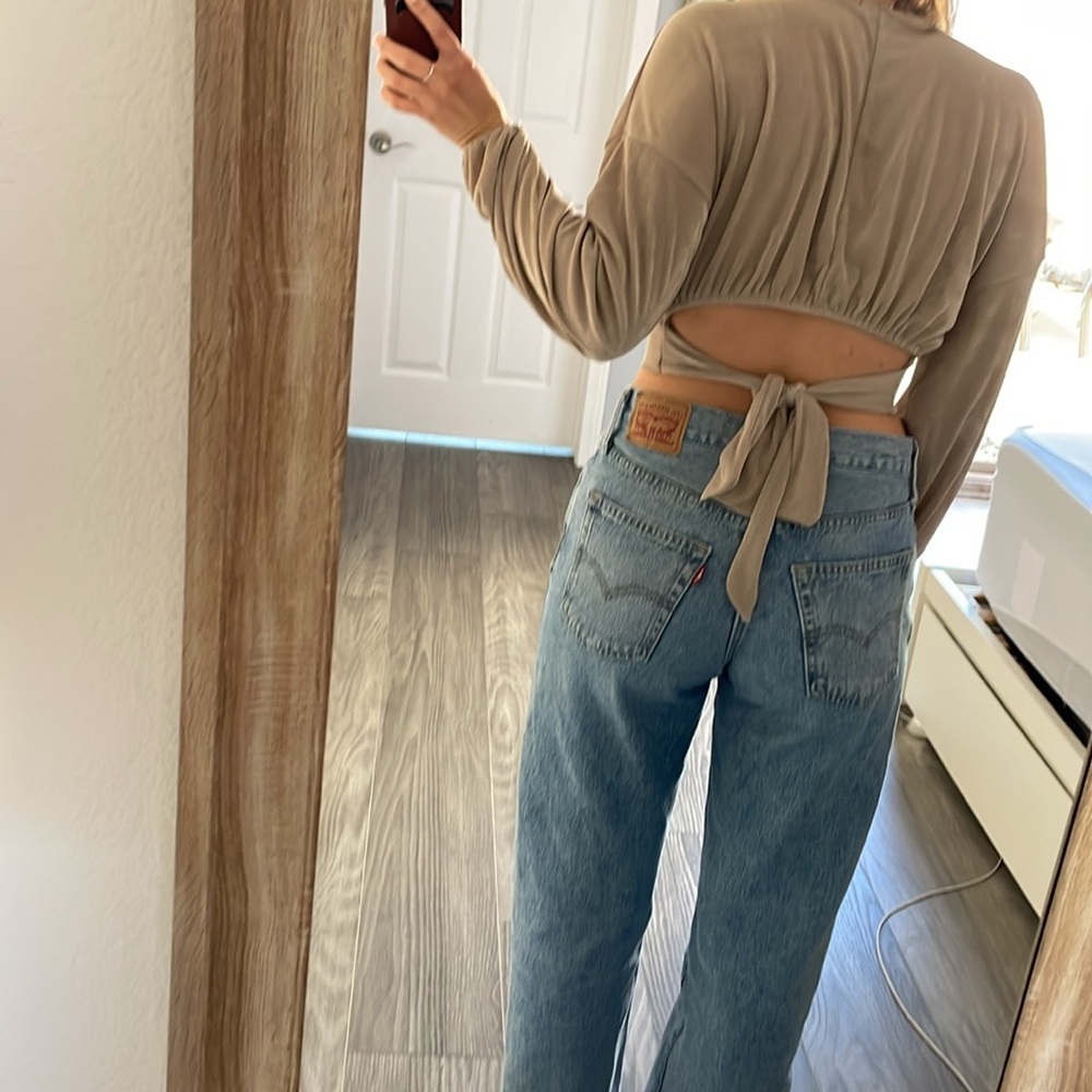 Prefer 21 Long Sleeve Shimmery Long Sleeve Going Out Crop Top with Tie Back - Picture 4 of 8